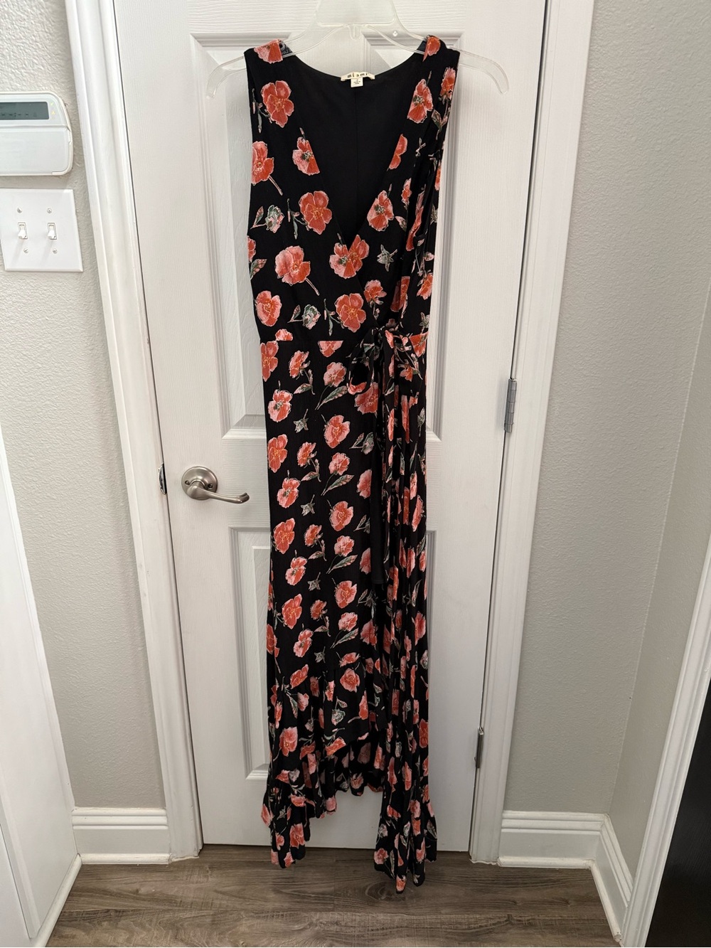 miami Black Maxi Dress with Coral Floral Print and Ruffle Hem